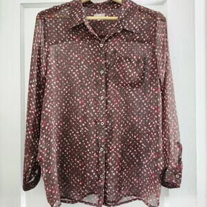 J Jill Deep Brown Sheer Polka Dot Print Button Down Tunic Size Petite Large